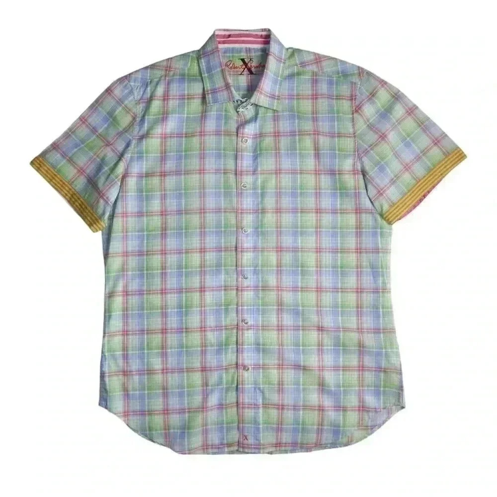 Robert Graham Men’s Short Sleeve Button Down Shirt Tailored Fit Size L Blue Red